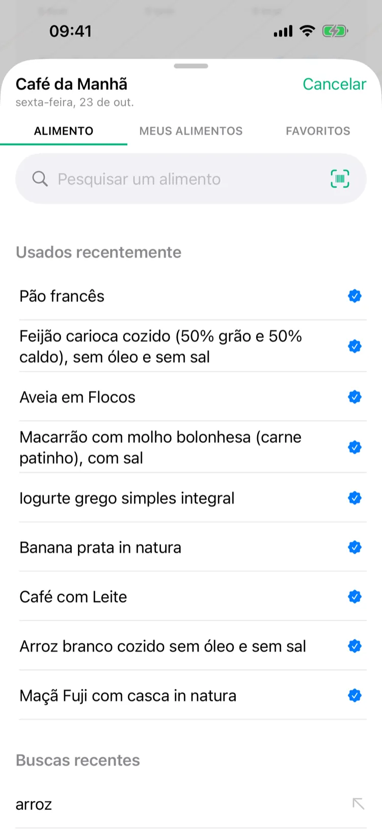 Modal para adicionar alimentos a uma refeição, com busca e alimentos usados recentemente