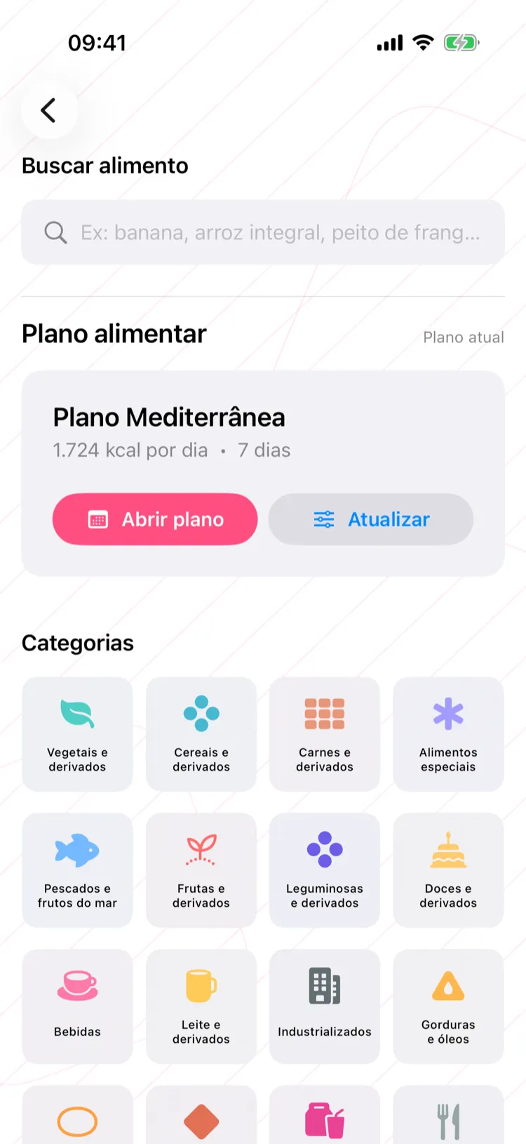 Busca de alimentos com plano atual e categorias
