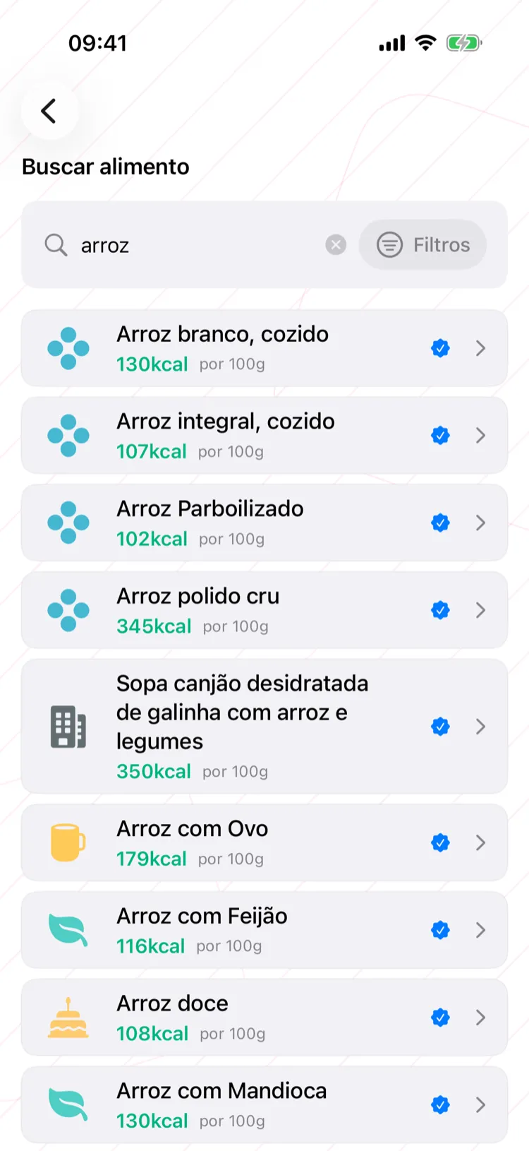 Busca de alimentos com resultados para arroz