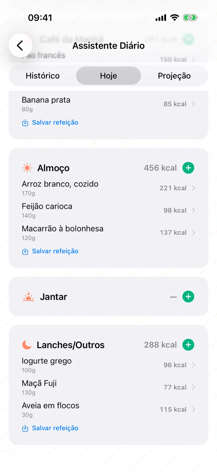 Refeições registradas no diário