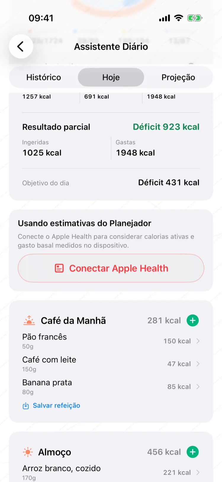 Diário com as refeições do dia e as calorias de cada uma