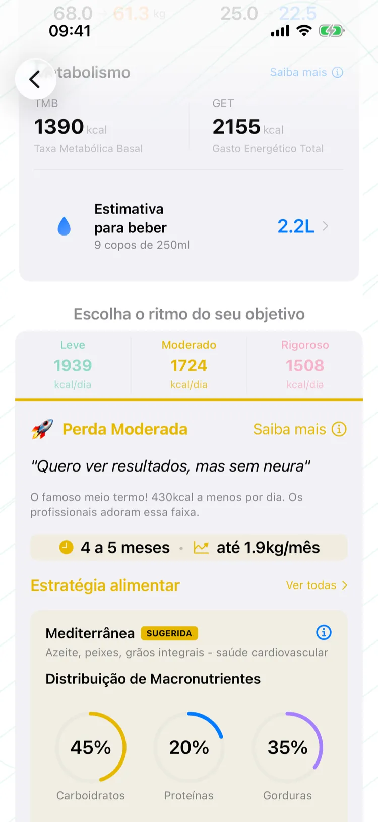 Planejador com o ritmo do objetivo e a meta de calorias