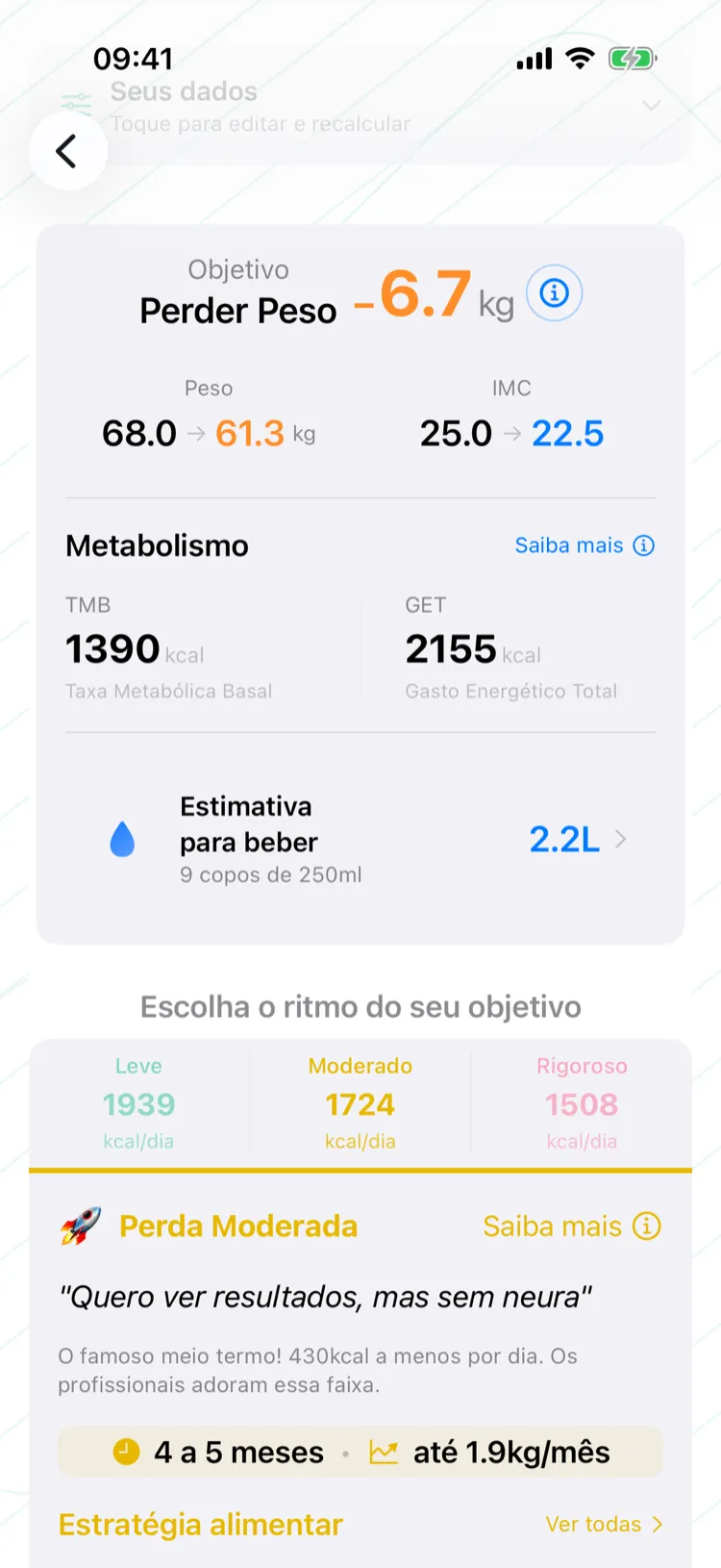 Resultado do Planejador: objetivo, peso alvo, TMB e gasto energético