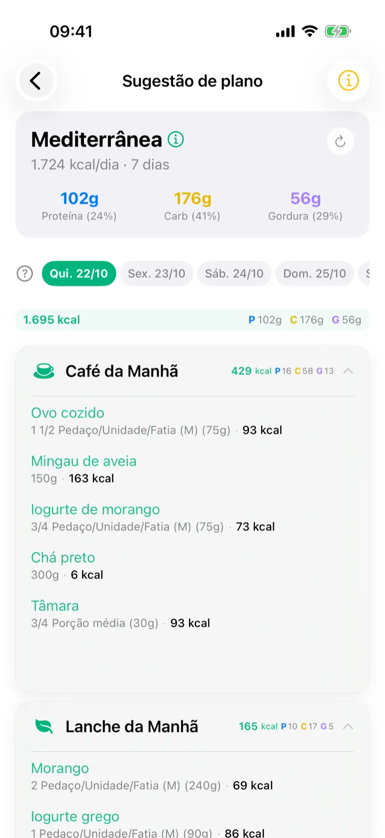 Sugestão de plano alimentar com metas de macros e refeições do dia